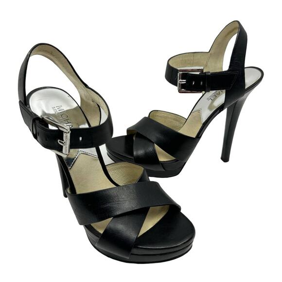MICHAEL Michael Kors | Oksana Black Leather Stiletto Heel Strappy OpenToe Sandal - Picture 1 of 12
